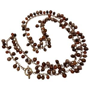 Elegant Warm Brown and Gold Tone Beaded Long Necklace